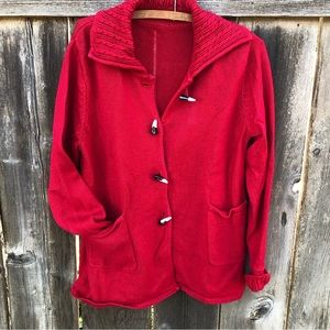 Red Knit Cable Collar Long Sleeves Cardigan Horn Style Buttons Ramie Cotton